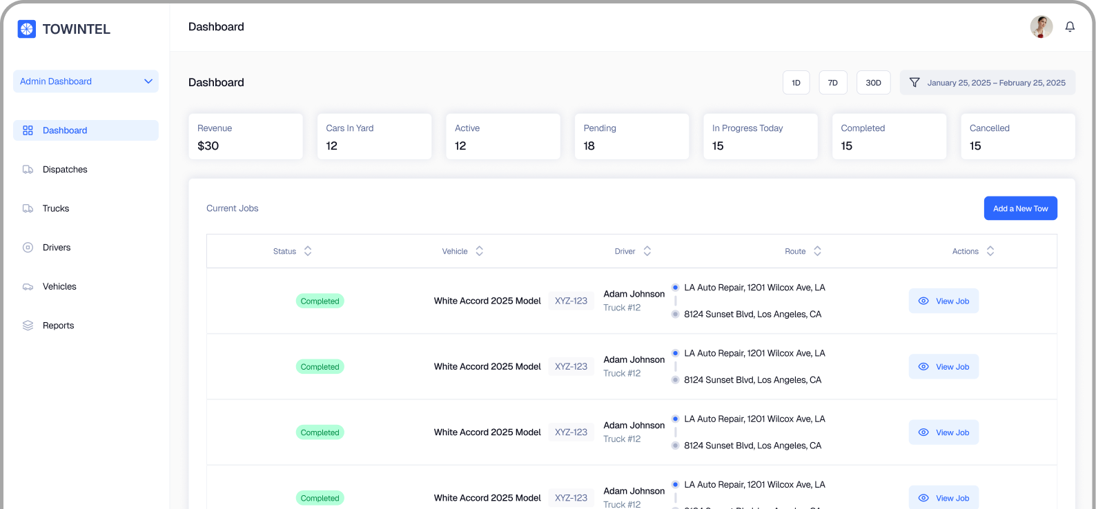 DispatchXpress dashboard showing current towing jobs