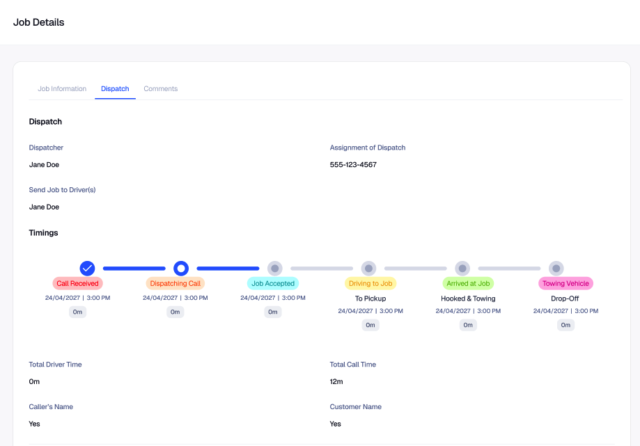DispatchXpress job details showing dispatch timing and status
