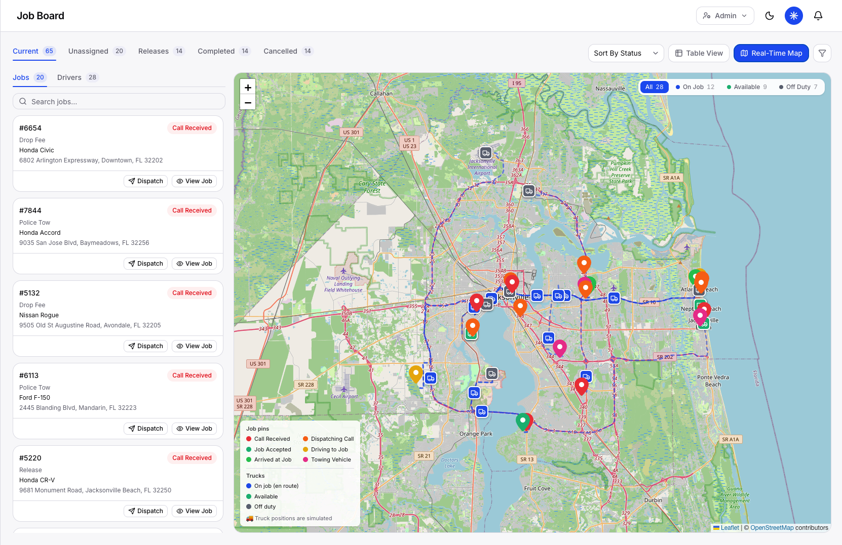 Live towing dispatch map with active jobs and truck locations